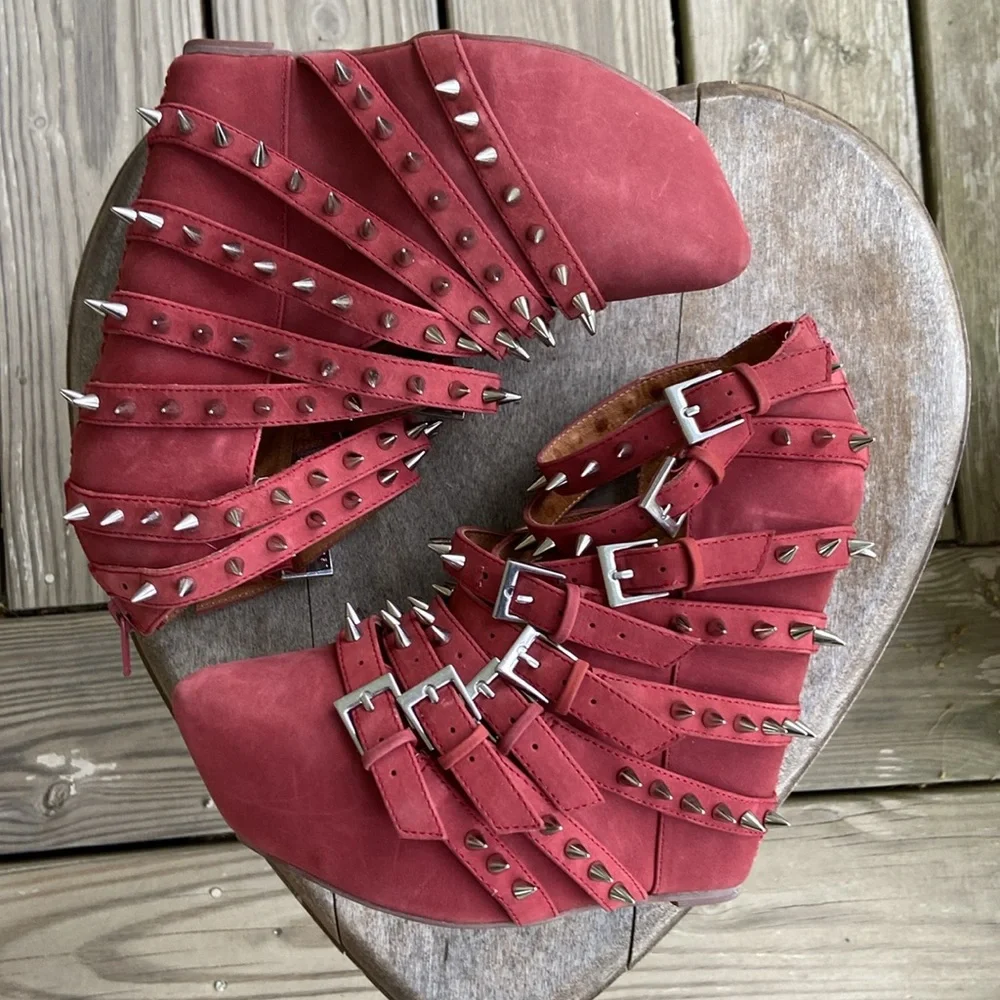 Jeffrey Campbell Zip-2 Stud Brick Red Nubuck Leather Wedge Shoes Women's Size 6 - Picture 10 of 14